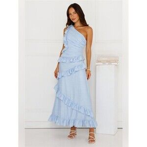 Saints & Secrets One Shoulder Blue Ruffle Maxi Dress NWT Size Small